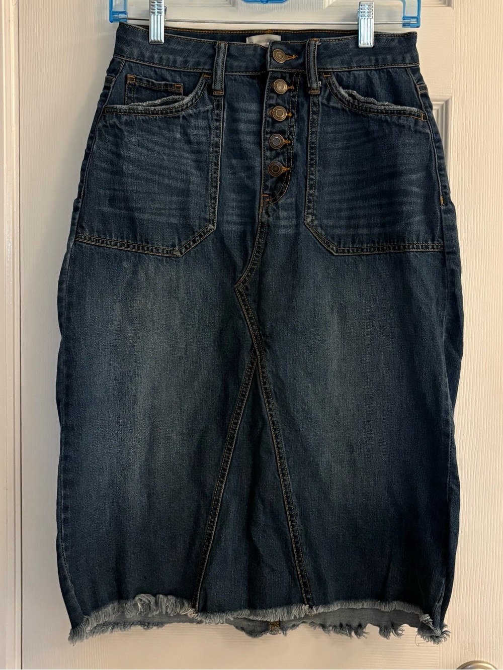 SO Y2K Juniors Denim Skirt Size 9/29W Denim Button Fly Raw Hem High Rise Pockets